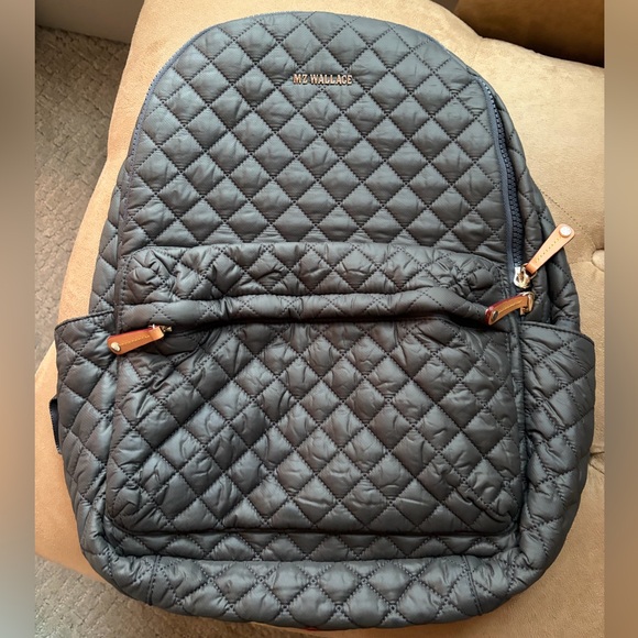 MZ Wallace Quilted Nylon Backpack in Dark Gray with Tan Accents